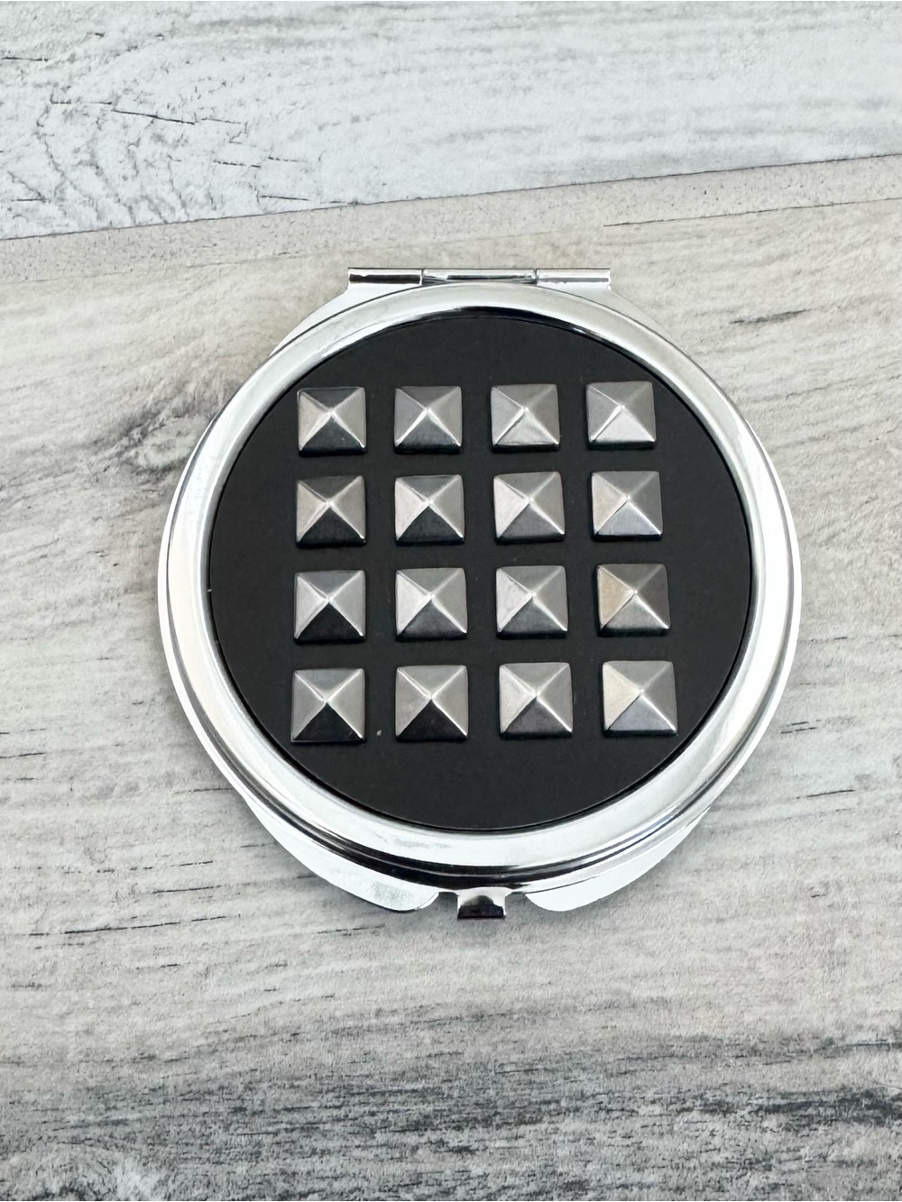 Black Silver Stud Round Compact Mirror